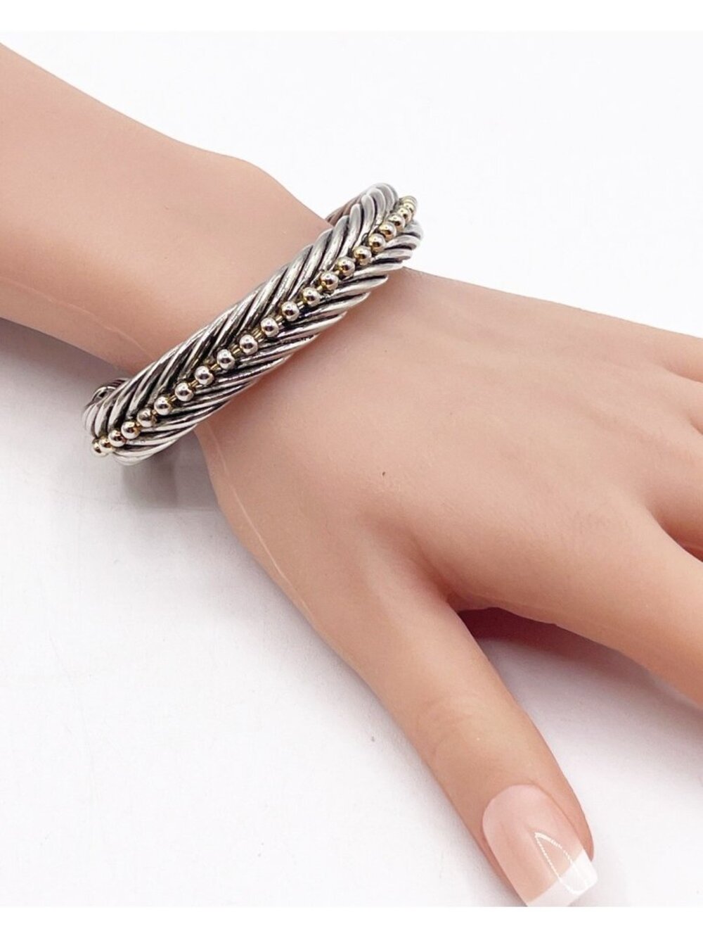 Heavy Twisted Cable Cuff Statement Bracelet Silver Tone Bead Accent Open Bangle